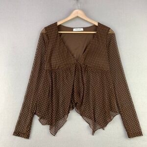 Good Days Babydoll Top Womens M Brown Polka Dot Long Sleeve Asymmetrical Hem Y2K